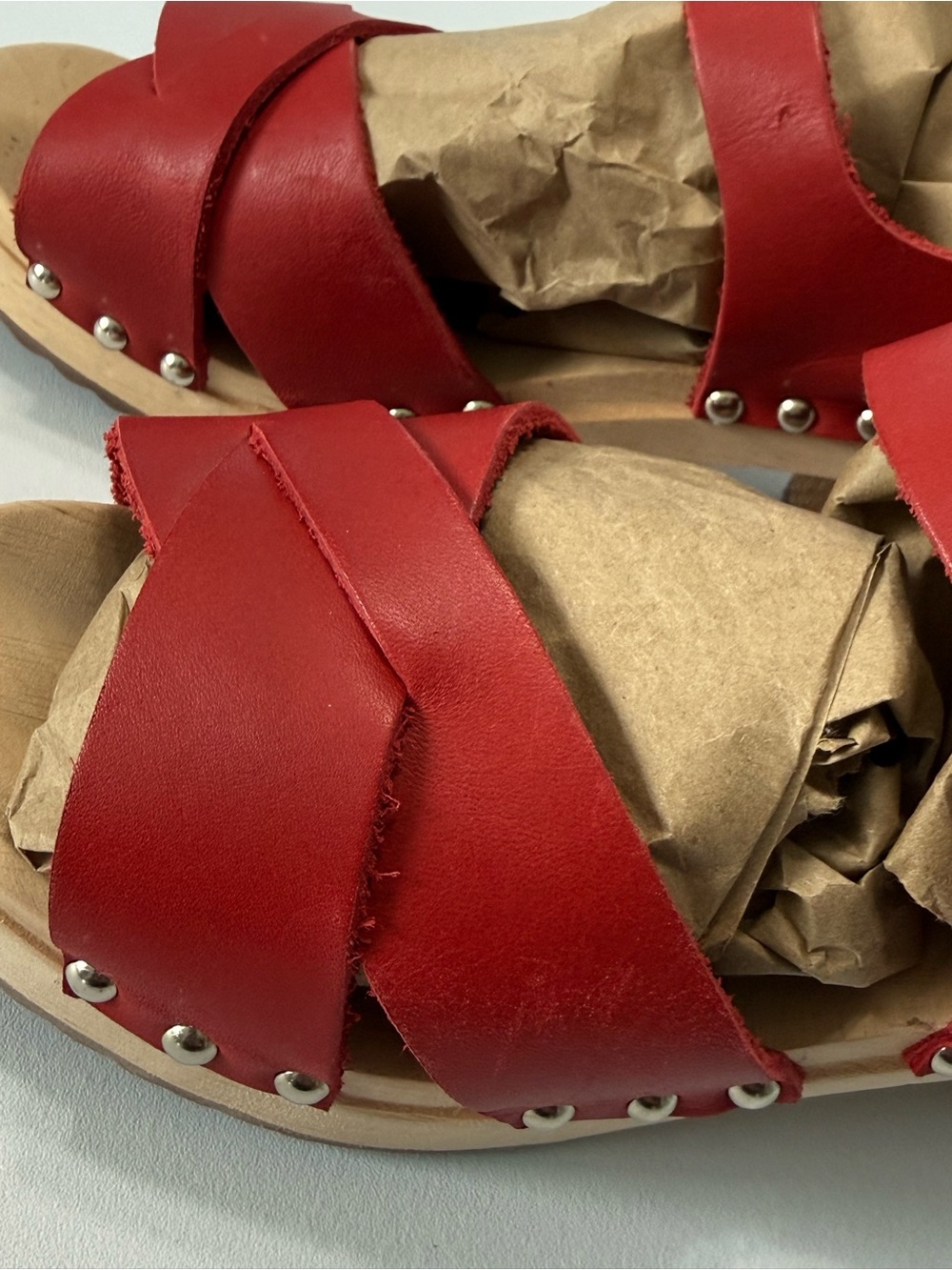 Mia Gertrude Red Leather Swedish Wooden Clog Sandals Open Toe Ankle Strap Sz 39 - Picture 10 of 16
